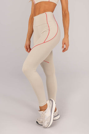 Calça Legging com Bolso e Vivo nas Laterais (Bege / Rosa Pink) | Ref: K4589-B